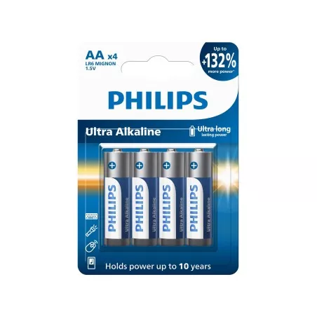 PILA ALCALINA LR6 PHI PHILIPS E*4 de 1.5V, paquete con cuatro pilas de larga duración y diseño compacto.