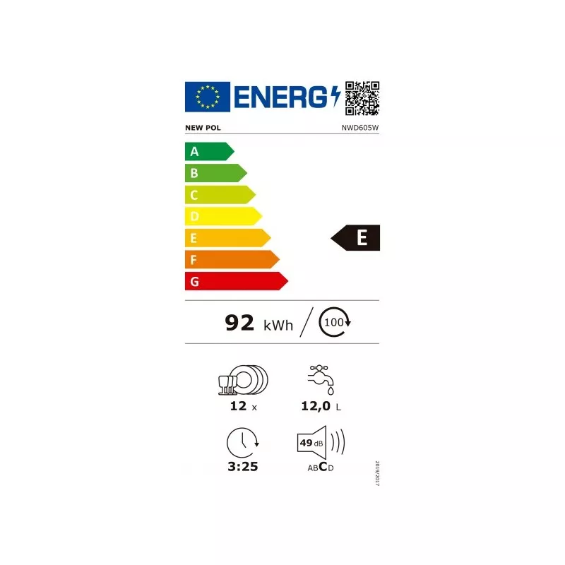 Lavavajillas New Pol NWD605W 12 servicios blanco clase E con eficiencia energética y bajo consumo de 92 kWh.