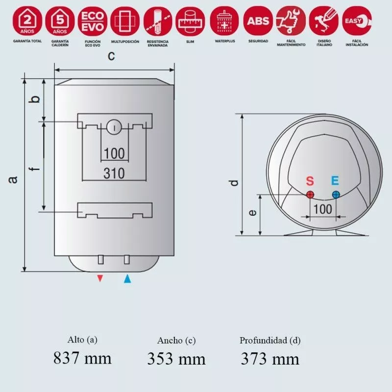 Termo Ariston Pro1 Eco Multis 50 Dry Slim 50 L 1800 W con diseño vertical, acabado blanco y dimensiones compactas.