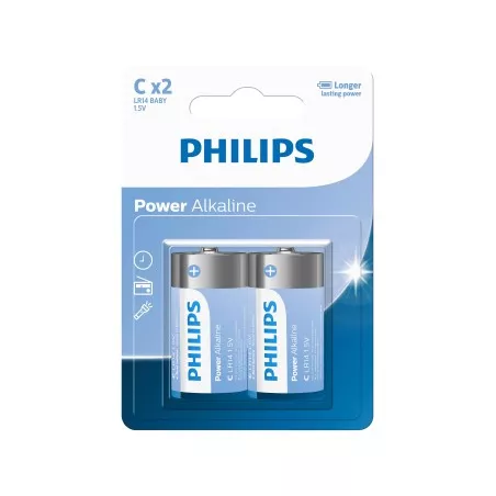 PILA LR14 PHI PHILIPS E*2 alcalina de tamaño estándar en paquete de 2 unidades con diseño funcional y eficiente.