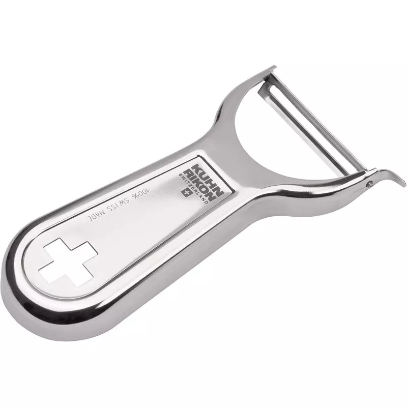 Pelador Kuhn Rikon Swiss Metallic 2777 de acero inoxidable con diseño ergonómico y acabado brillante.