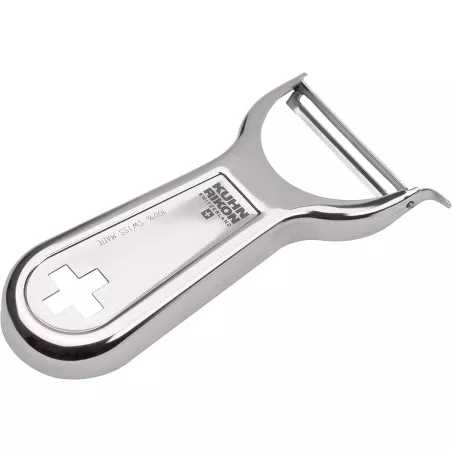 Pelador Kuhn Rikon Swiss Metallic 2777 de acero inoxidable con diseño ergonómico y acabado brillante.