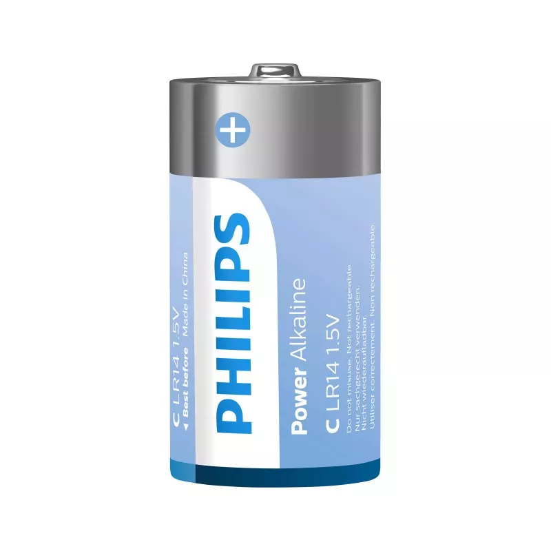 PILA LR14 PHI PHILIPS E*2 alcalina de 1.5V color azul con diseño cilíndrico y acabado brillante.