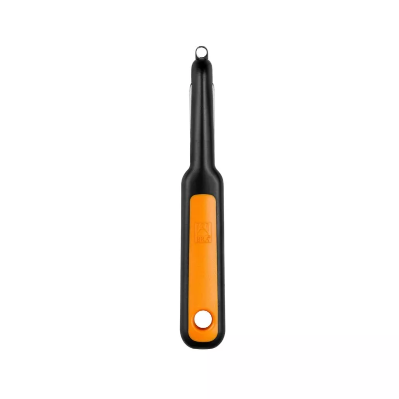 Pelador liso BRA Efficient A195014 vertical de plástico negro y naranja, diseño ergonómico y cuchilla de acero inoxidable.