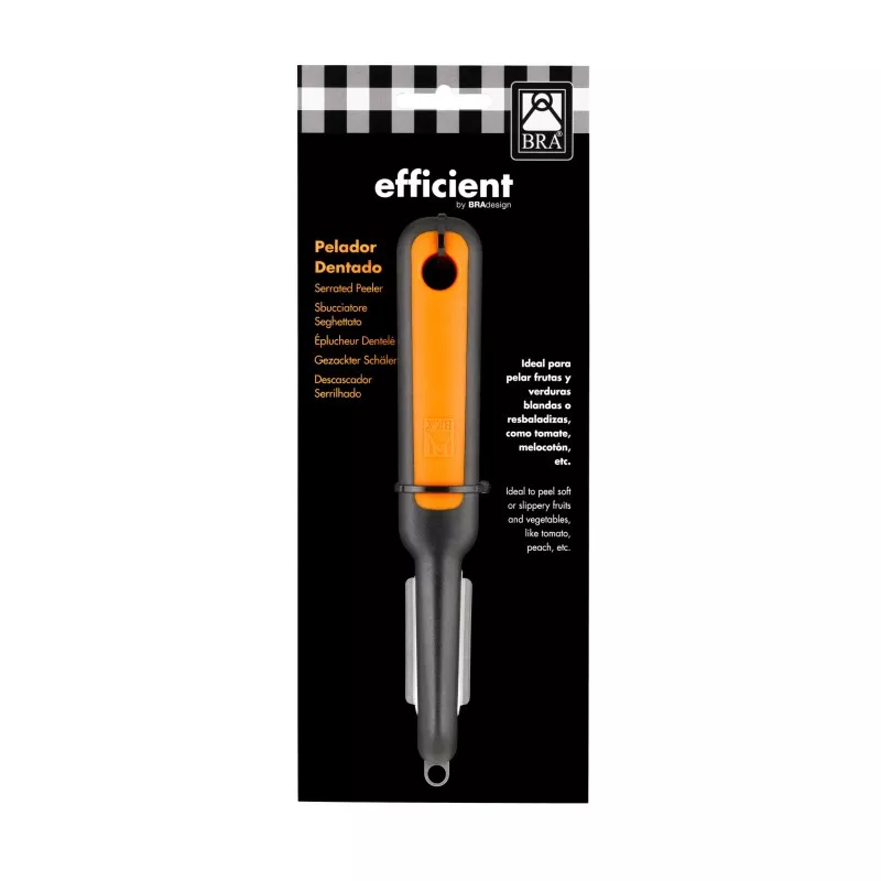 Pelador dentado BRA Efficient A195015 vertical con mango ergonómico de color negro y naranja, ideal para pelar frutas y verduras