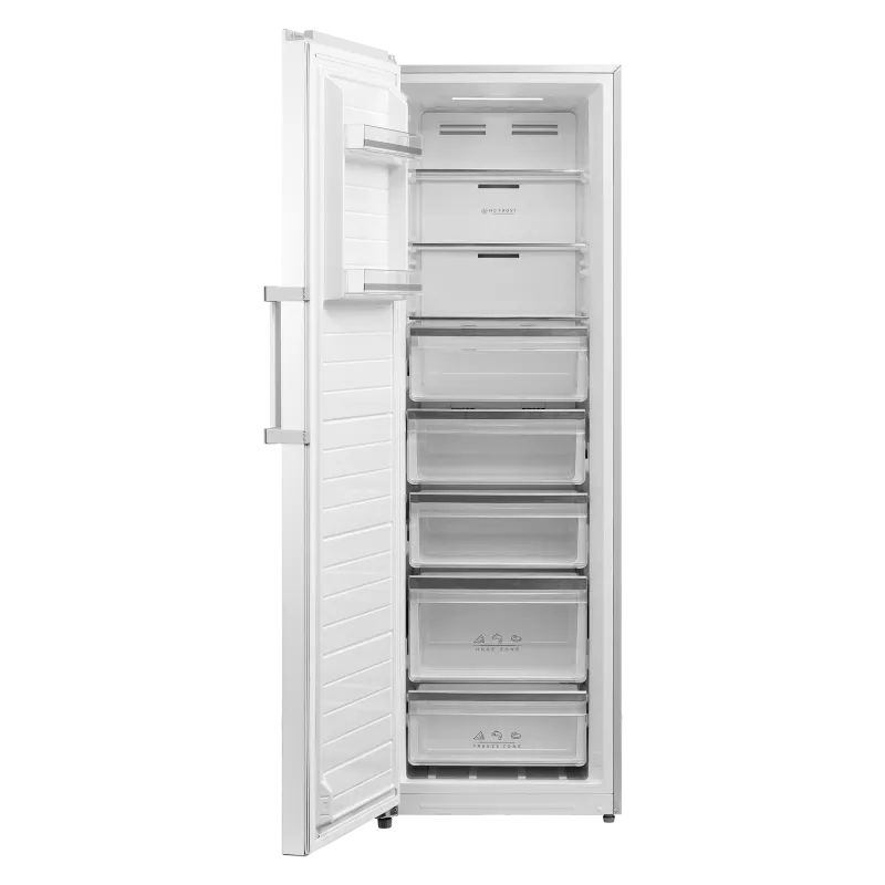 Congelador Dual Nevir NVR-5620CVSD 272 L blanco con varios compartimentos y diseño vertical eficiente.