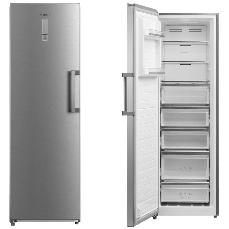 Congelador Dual Nevir NVR-5621CVSDI 272 L inox con acabado en acero y diseño vertical para optimizar el espacio.