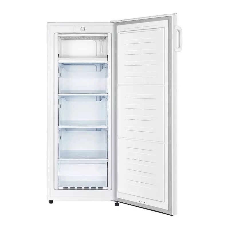 CONGEL. ASPES ACV 145501 E 143X55 congelador vertical blanco con cinco estantes y sistema de eficiencia energética.