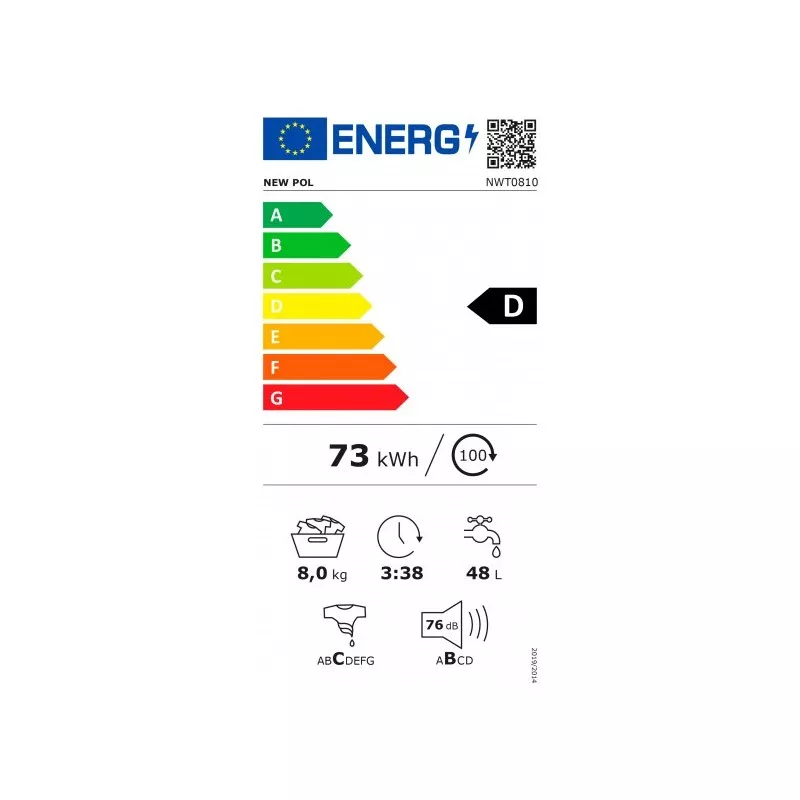 Lavadora Newpol NWT0810 8 kg 1000 rpm clase D con diseño eficiente y bajo consumo energético, color blanco.