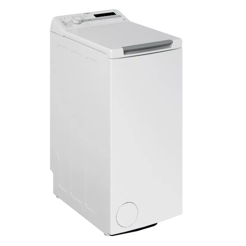 Lavadora superior Whirlpool TDLR 7220SS 7 kg 1200 rpm blanca con diseño compacto y acabado en acero inoxidable.
