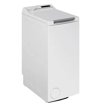 Lavadora superior Whirlpool TDLR 7220SS 7 kg 1200 rpm blanca con diseño compacto y acabado en acero inoxidable.