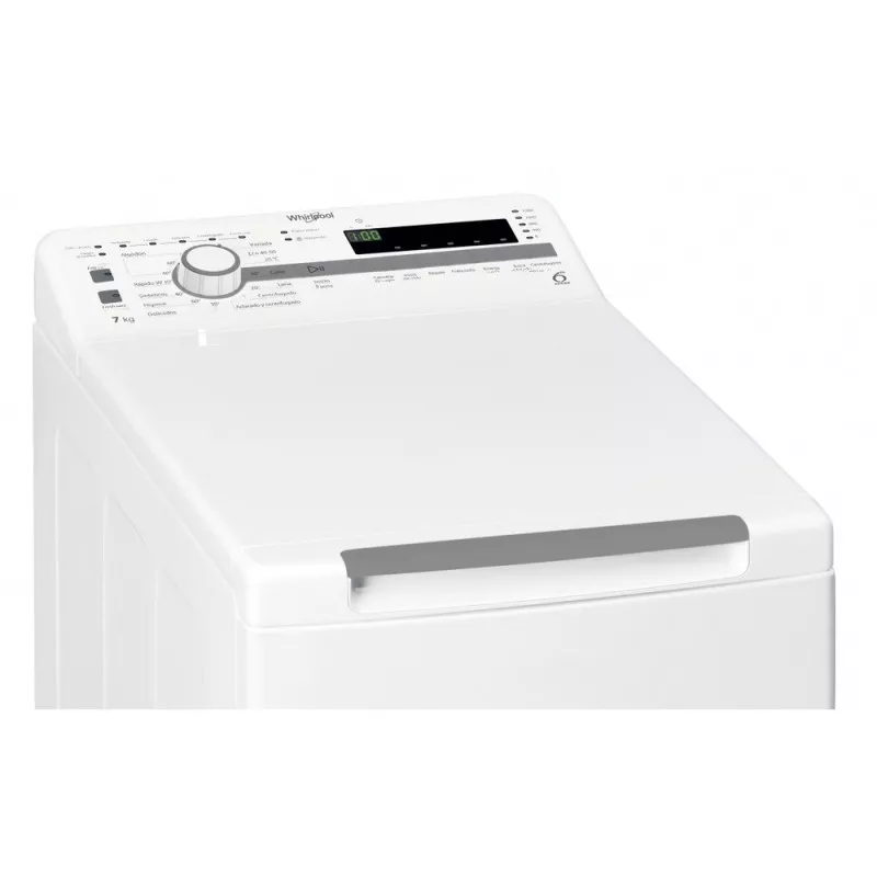 Lavadora superior Whirlpool TDLR 7220SS 7 kg 1200 rpm blanca con panel de control digital y diseño moderno.