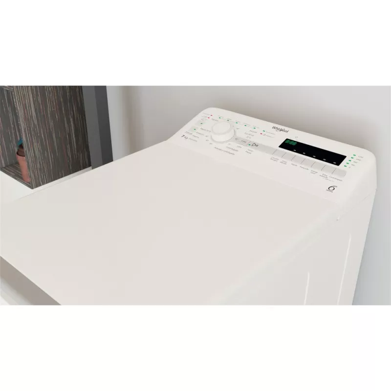 Lavadora superior Whirlpool TDLR 7220SS 7 kg 1200 rpm blanca con panel digital y diseño moderno.