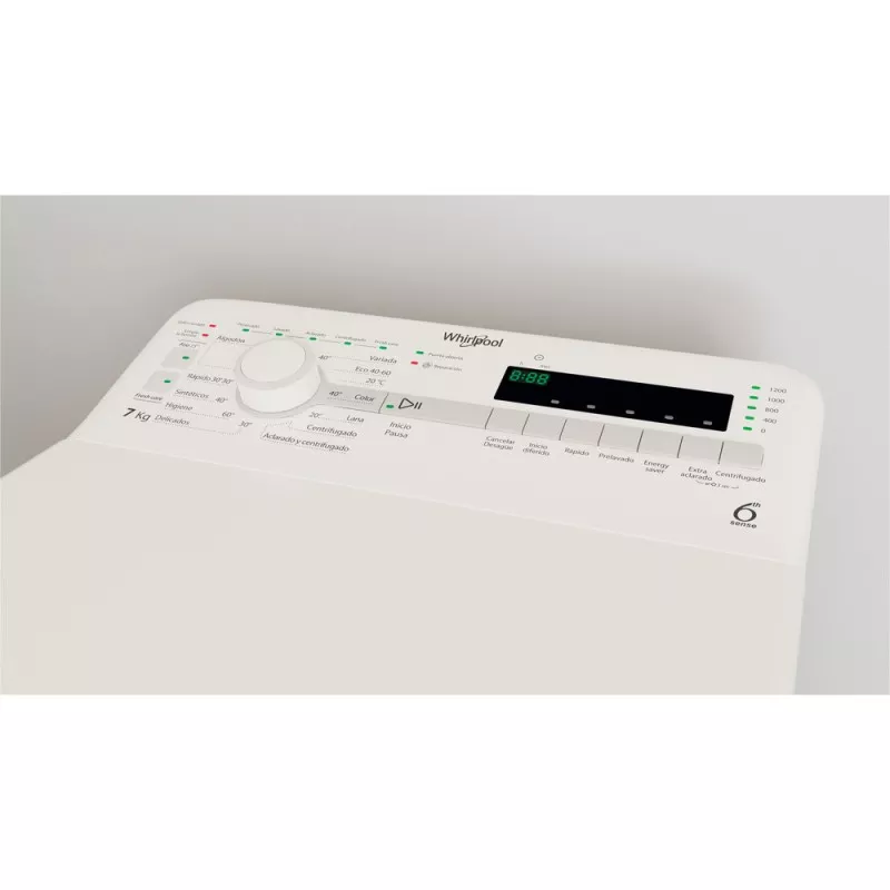 Lavadora superior Whirlpool TDLR 7220SS 7 kg 1200 rpm blanca con panel digital y selector de programas.
