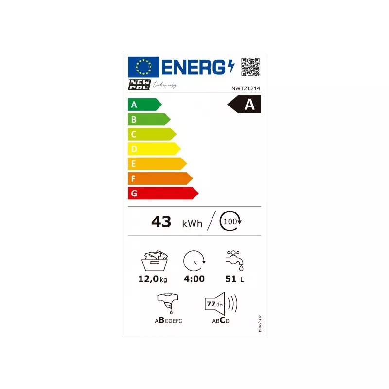 LAVADORA NEWPOOL NWT 21214 12KG 1400 A WIFI con eficiencia energética A, 43 kWh y 51 litros de capacidad.