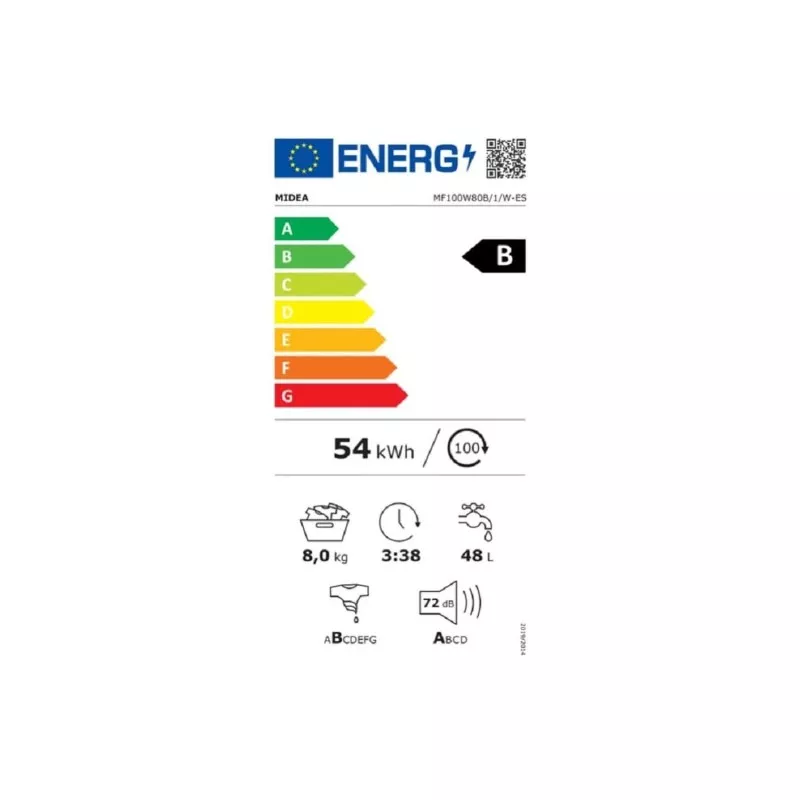 LAVADORA MIDEA MF 100W80B/1/W ES 8KG 1400R BCA B con eficiencia energética B, 8 kg de carga y diseño blanco.