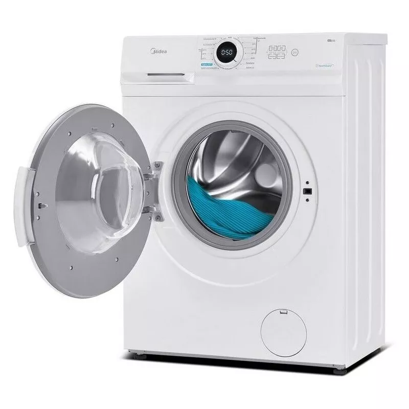 Lavadora slim Midea MF100W70/1/W-ES 7 kg 1200 rpm blanca con puerta transparente y diseño moderno.