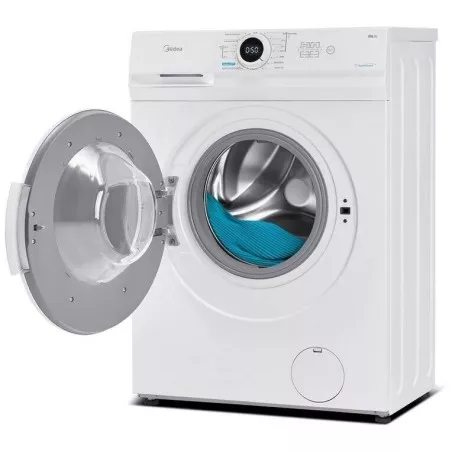 Lavadora slim Midea MF100W70/1/W-ES 7 kg 1200 rpm blanca con puerta transparente y diseño moderno.