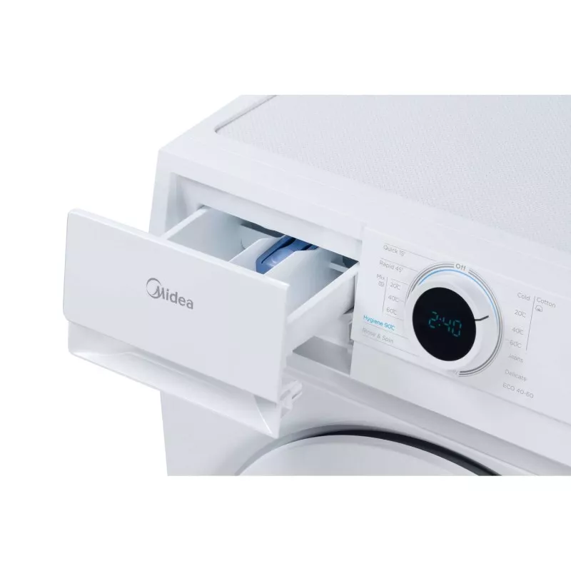 Lavadora slim Midea MF100W70/1/W-ES 7 kg 1200 rpm blanca con panel de control digital y cajón para detergente integrado