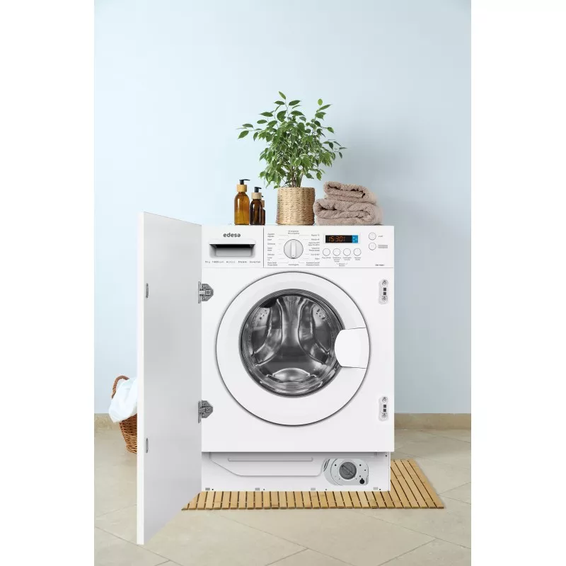 Lavadora integrable Edesa EWF-9400 I 9 kg 1400 rpm blanca con diseño moderno y acabado en acero inoxidable.