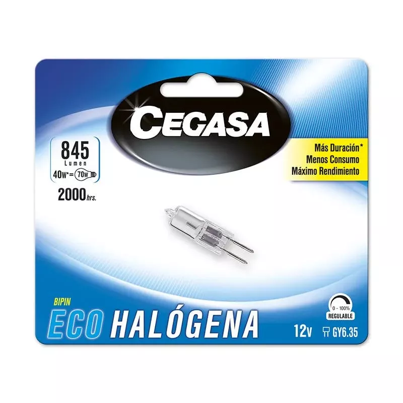 Bombilla halógena bipin Cegasa 104353 40 W GY6.35 12 V transparente con alta eficiencia energética y larga duración.