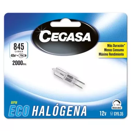 Bombilla halógena bipin Cegasa 104353 40 W GY6.35 12 V transparente con alta eficiencia energética y larga duración.