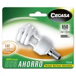 BOMBILLA CEGASA ESPIRAL LUZ CALIDA 11W E14 blanca, diseño eficiente y de bajo consumo para iluminación cálida.