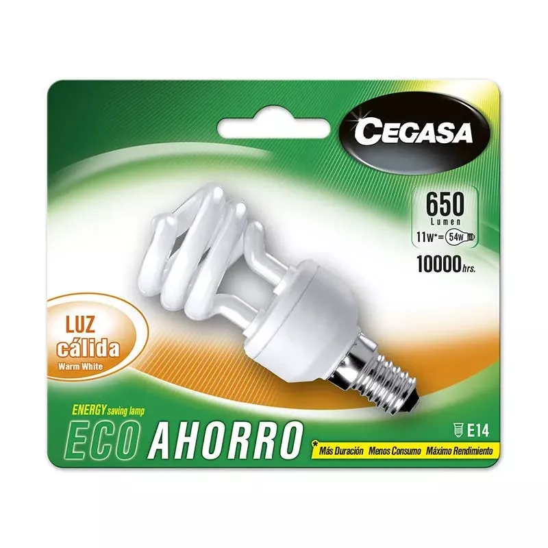 BOMBILLA CEGASA ESPIRAL LUZ CALIDA 11W E14 blanca, diseño eficiente y de bajo consumo para iluminación cálida.