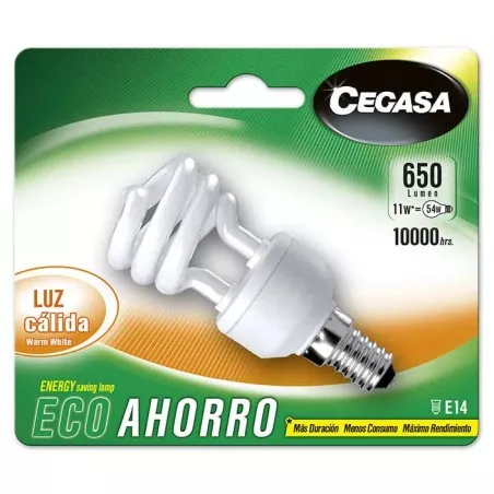 BOMBILLA CEGASA ESPIRAL LUZ CALIDA 11W E14 blanca, diseño eficiente y de bajo consumo para iluminación cálida.