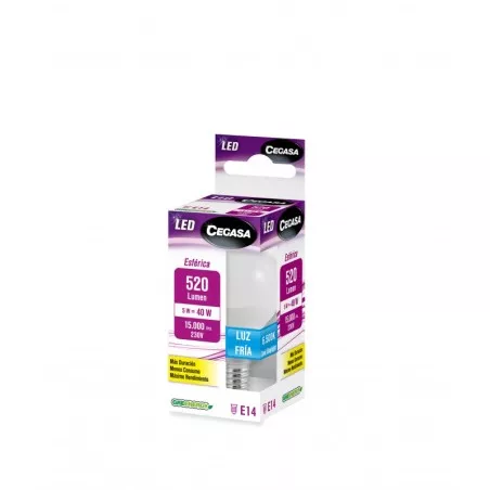Bombilla LED esférica Cegasa 331124 5 W E14 520 lm blanca de diseño compacto y acabado mate ideal para iluminación eficiente.