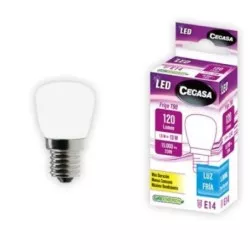 Bombilla LED frigorífico Cegasa 331219 1,5 W E14 120 lm, diseño compacto blanco con base de metal y luz fría.