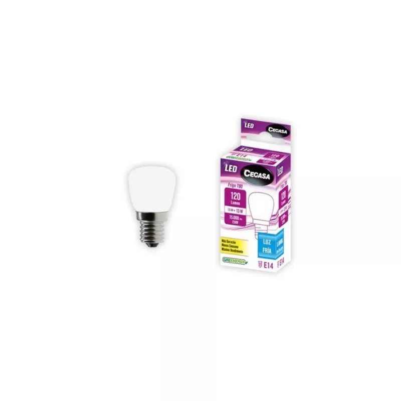 Bombilla LED frigorífico Cegasa 331219 1,5 W E14 120 lm, diseño compacto blanco con base de metal y luz fría.