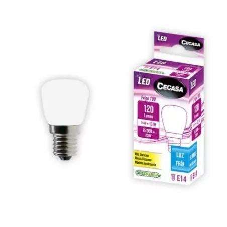 Bombilla LED frigorífico Cegasa 331219 1,5 W E14 120 lm, diseño compacto blanco con base de metal y luz fría.