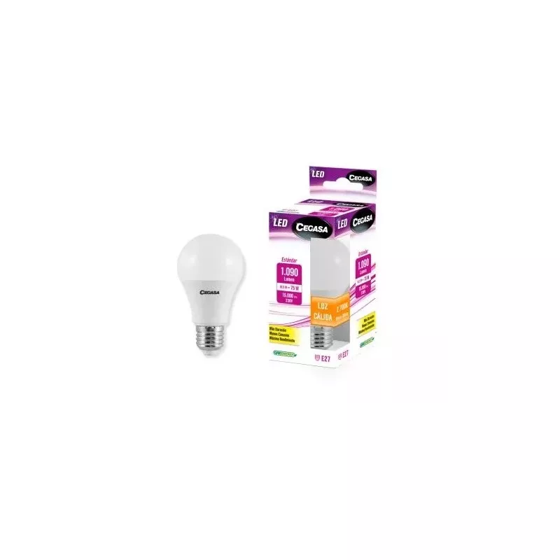 Bombilla LED estándar Cegasa 331110 E27 10,5 W 1090 lm blanca con acabado mate y diseño clásico.