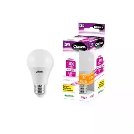 Bombilla LED estándar Cegasa 331110 E27 10,5 W 1090 lm blanca con acabado mate y diseño clásico.
