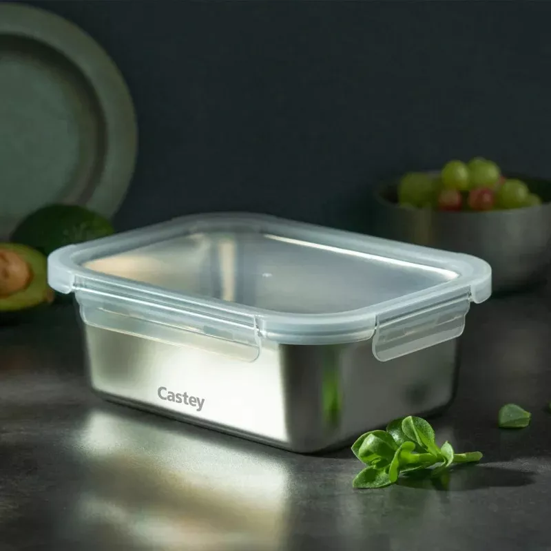 Tupper Castey C-A1200 acero inoxidable 1200 ml con tapa hermética y diseño rectangular transparente.