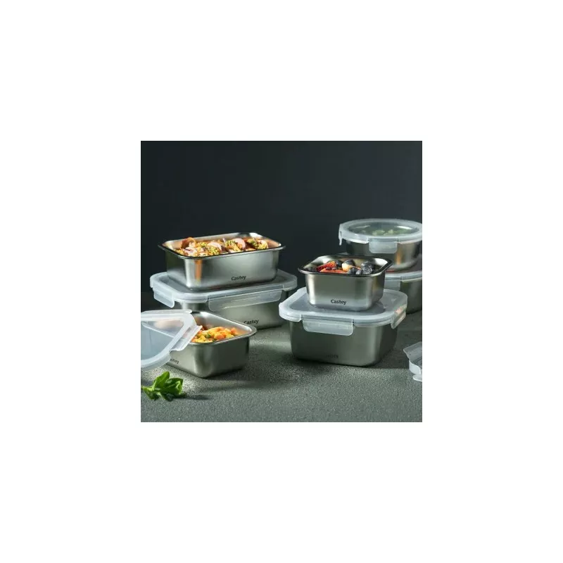 Tupper Castey C-A1200 acero inoxidable 1200 ml con tapa hermética y diseño cuadrado ideal para almacenamiento de alimentos.