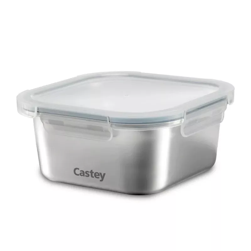 Tupper Castey C-C600 acero inoxidable 600 ml con tapa hermética y diseño cuadrado transparente.
