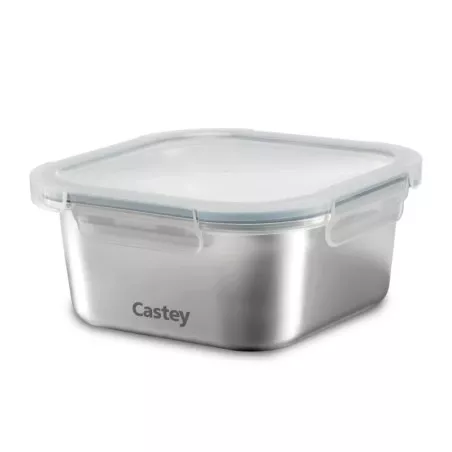 Tupper Castey C-C600 acero inoxidable 600 ml con tapa hermética y diseño cuadrado transparente.