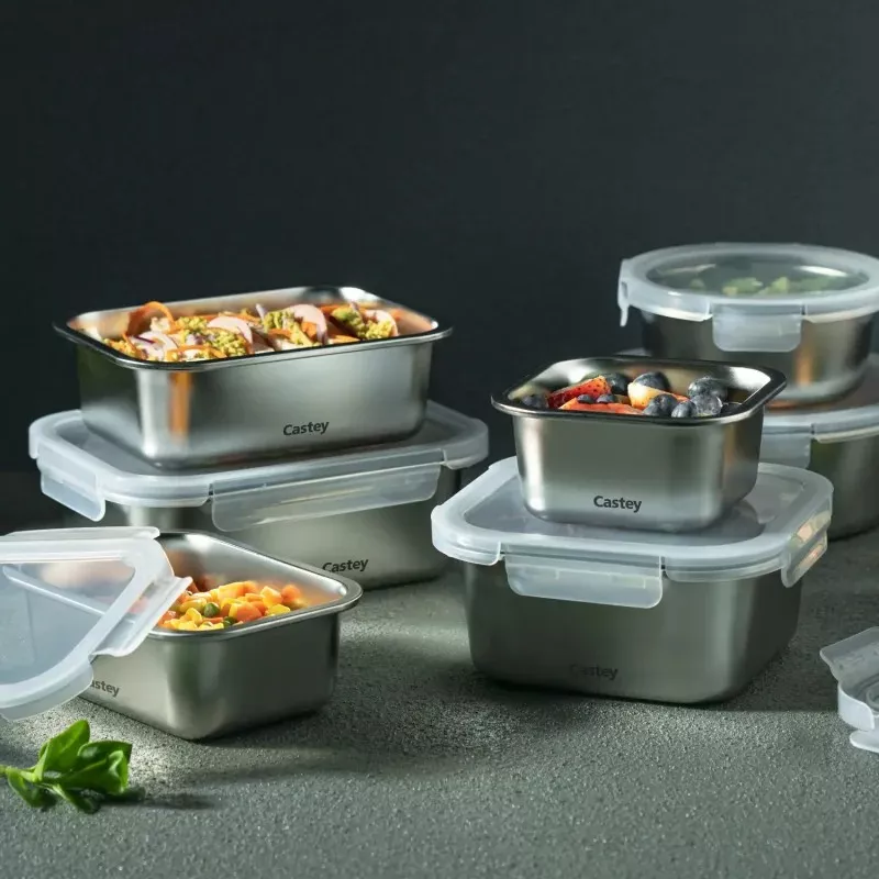 Tupper Castey C-C600 acero inoxidable 600 ml con tapa hermética y diseño cuadrado para almacenamiento de alimentos.