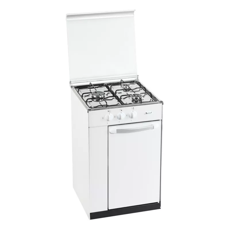 Hornillo gas Gralux FQ 4102/1 3 fuegos portabombonas blanco con diseño compacto y tapas de acero inoxidable.