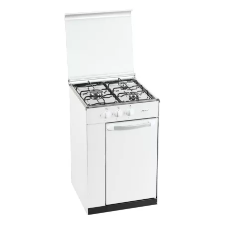 Hornillo gas Gralux FQ 4102/1 3 fuegos portabombonas blanco con diseño compacto y tapas de acero inoxidable.