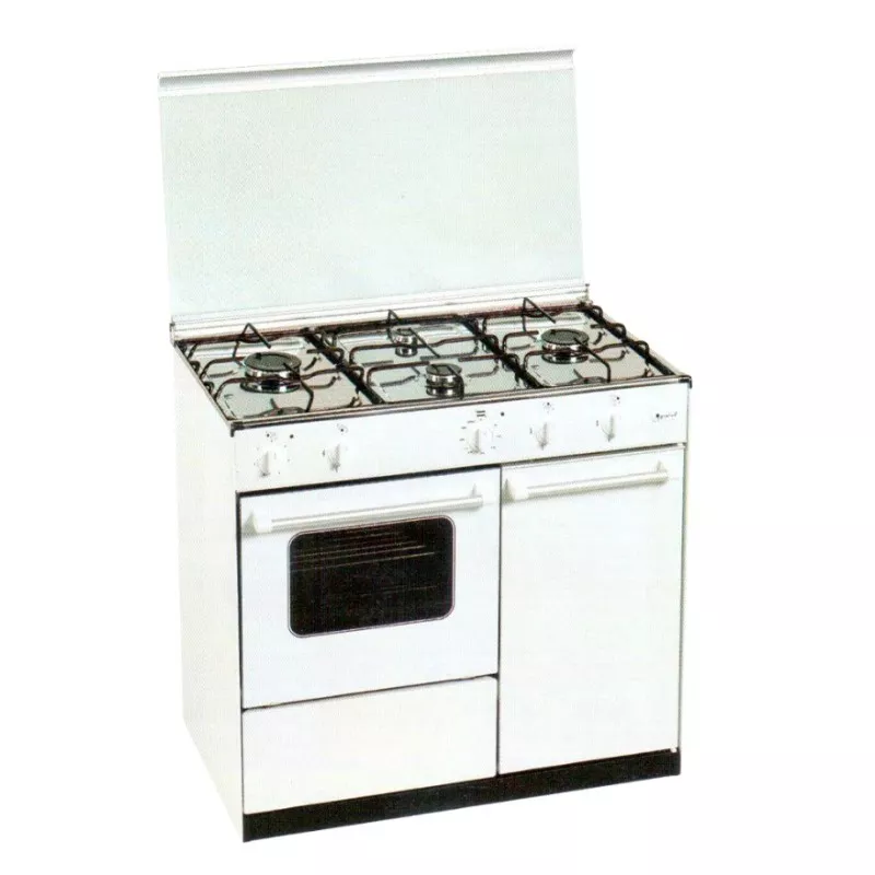Cocina gas Gralux FQ 5203/1 4 fuegos con portabombonas blanca, con diseño compacto y horno incorporado.