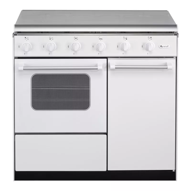 Cocina gas Gralux FQ 5200/1 GX inox 5 fuegos de diseño moderno en color blanco, con acabados en acero inoxidable.