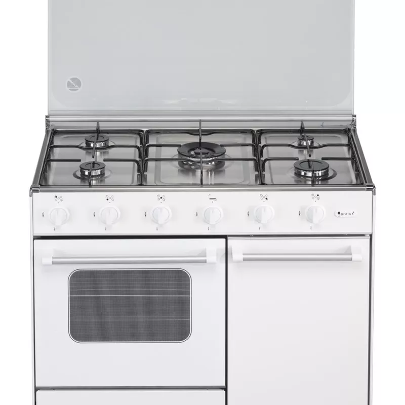 Cocina gas Gralux FQ 5200/1 GX inox 5 fuegos con acabado inoxidable y horno a gas, diseño moderno y funcional.