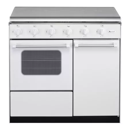 Cocina gas Gralux FQ 5201/1 GBR 5 fuegos blanca, diseño en acero inoxidable y acabado brillante, 4 quemadores y horno.