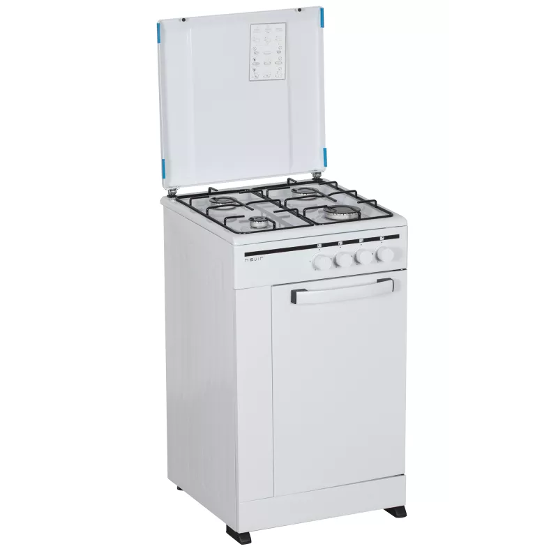 Cocina gas Nevir NVR-CB4P 4 fuegos con portabombonas color blanco, diseño compacto y acabado de acero inoxidable.