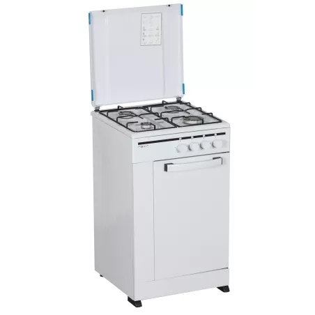 Cocina gas Nevir NVR-CB4P 4 fuegos con portabombonas color blanco, diseño compacto y acabado de acero inoxidable.