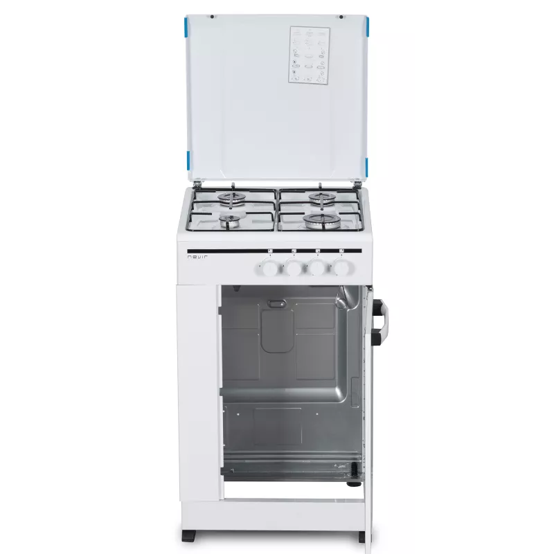 Cocina gas Nevir NVR-CB4P 4 fuegos con portabombonas, color blanco y acabado de acero inoxidable, diseño compacto.