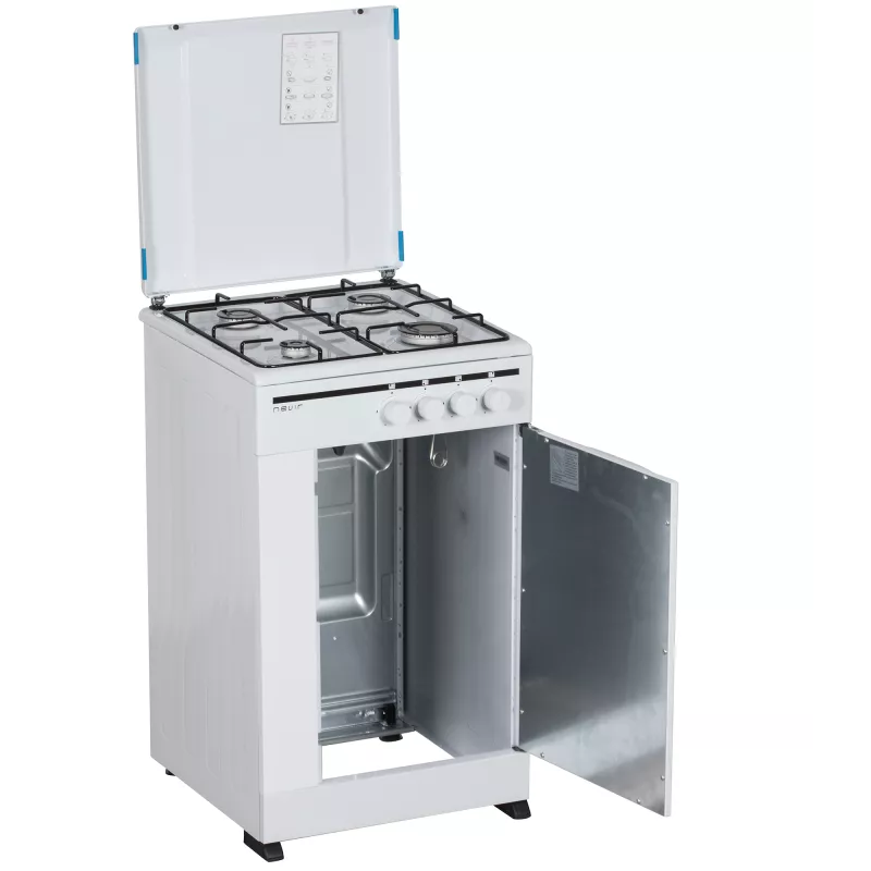 Cocina gas Nevir NVR-CB4P 4 fuegos blanca con portabombonas y horno de acero inoxidable.